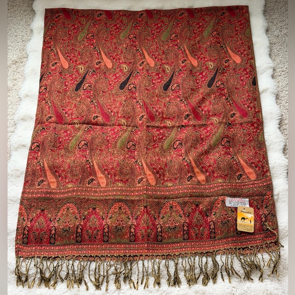 ALMHD Co Jerusalem Cashmere Red Paisley Fringe Shawl Wrap - Traditional Pattern - Picture 8 of 10